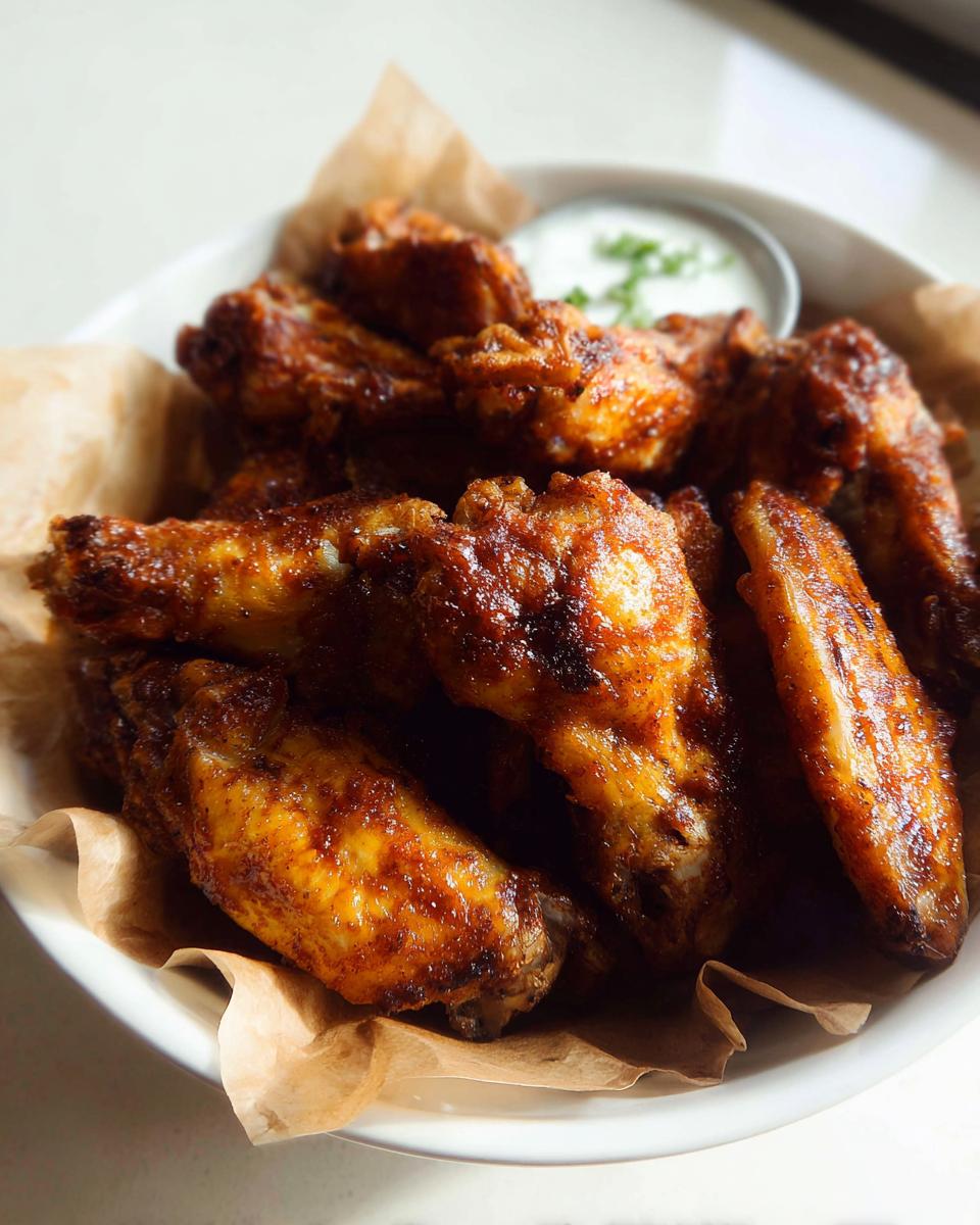 A bowl of crispy, golden brown chicken wings served with a side of ranch dip, perfect for quick chicken wings recipes.