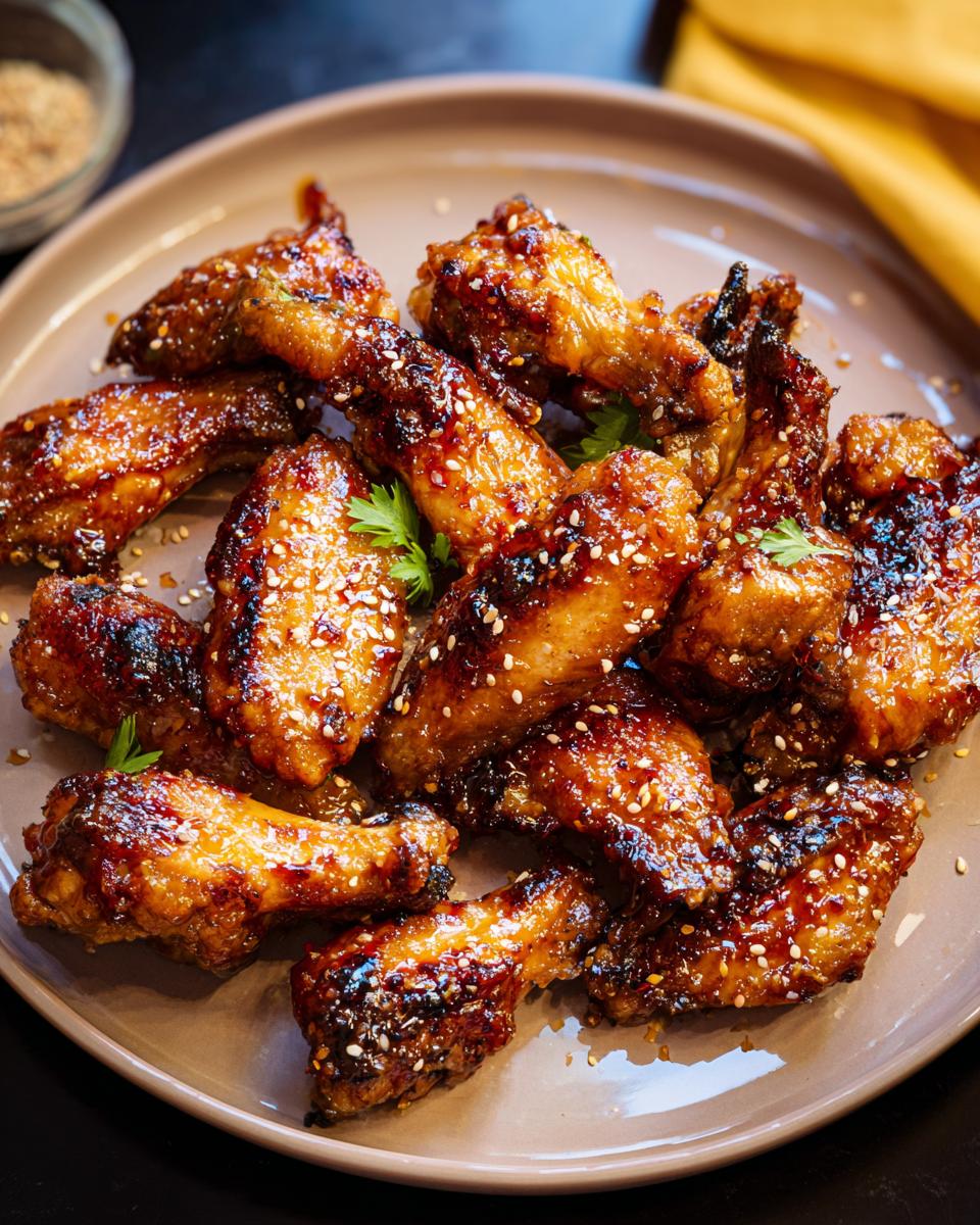 A plate of glossy, glazed chicken wings sprinkled with sesame seeds, perfect for chicken wings recipes meal prep.