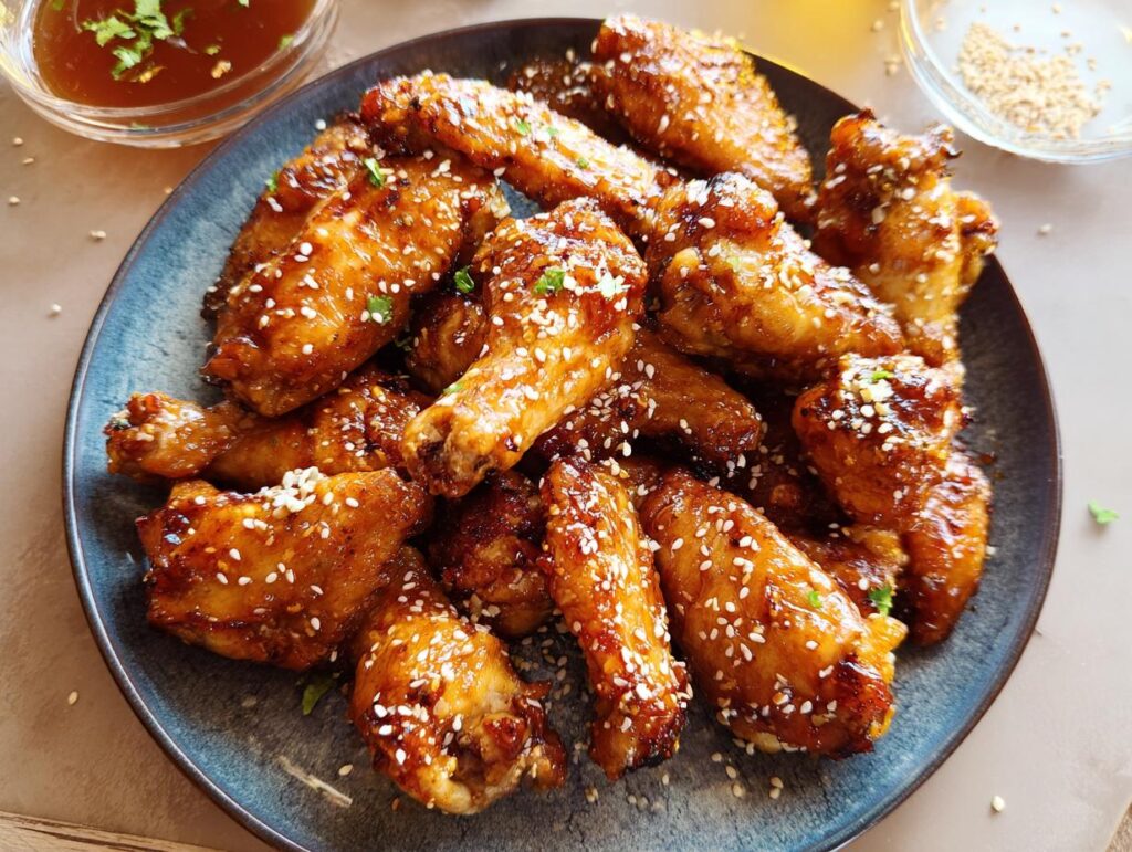 A plate full of glossy, glazed chicken wings topped with sesame seeds and parsley, perfect for chicken wings recipes meal prep.