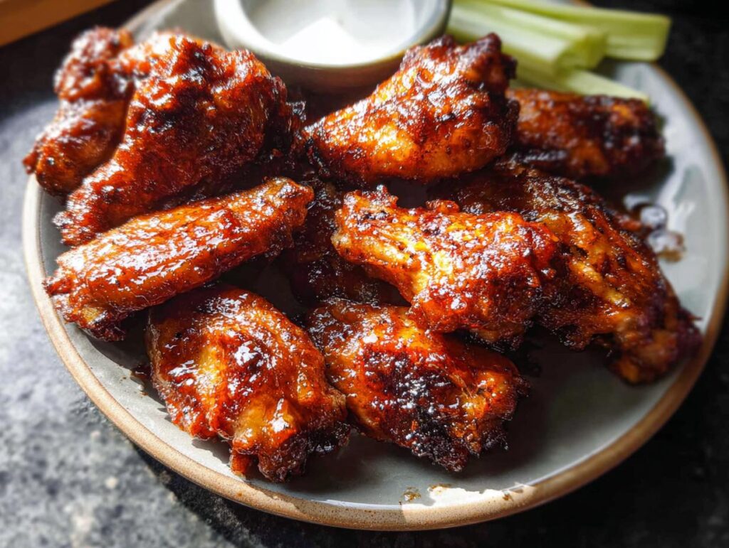 Close-up of a plate piled high with glossy, glazed chicken wings, served with celery sticks and a small bowl of dip.