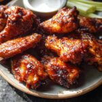 Close-up of a plate piled high with glossy, glazed chicken wings, served with celery sticks and a small bowl of dip.