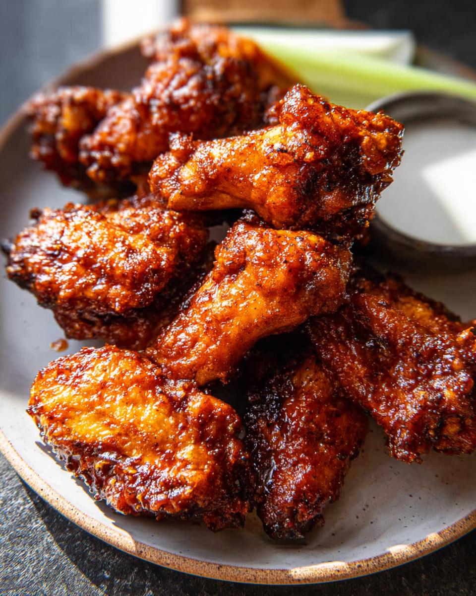 Close-up of a plate of perfectly cooked, glossy chicken wings with a side of dipping sauce and celery.