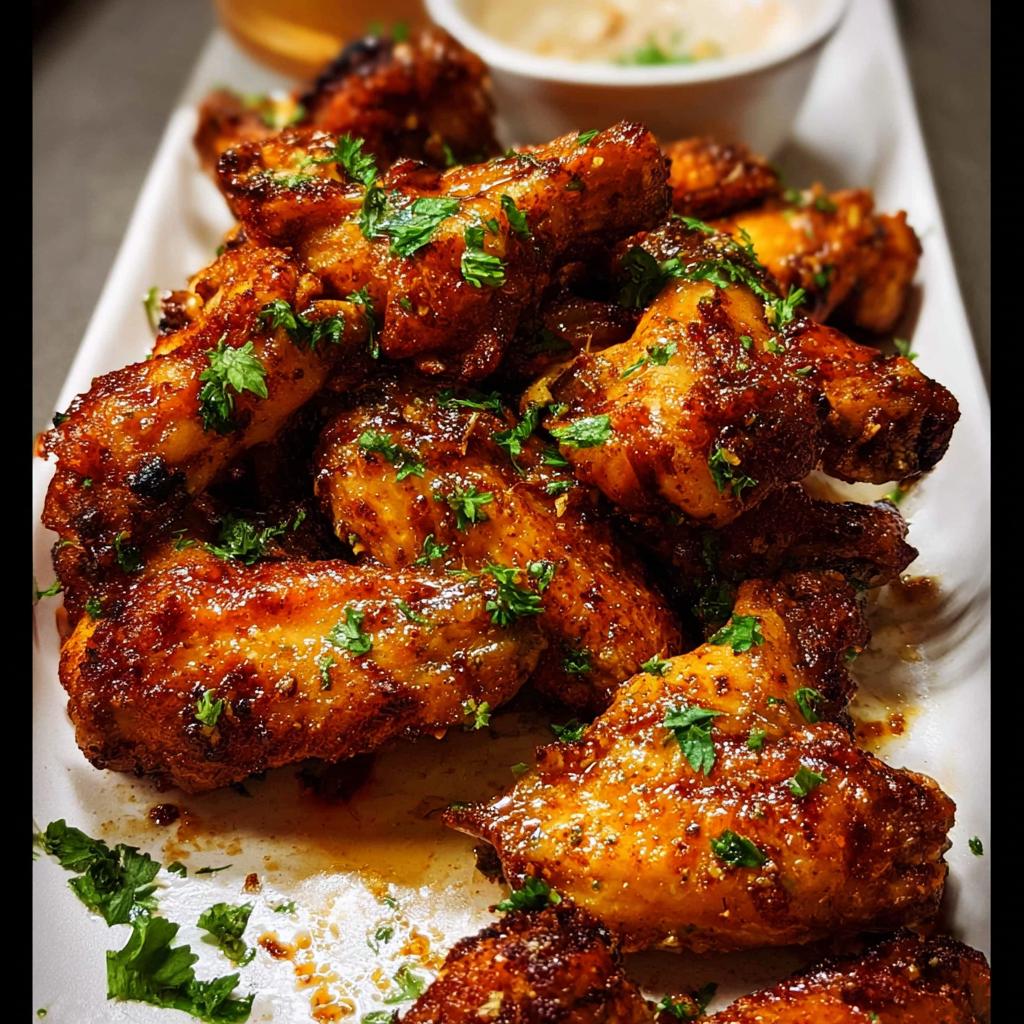A close-up of a platter piled high with glistening, herb-garnished chicken wings, showcasing their crispy texture.