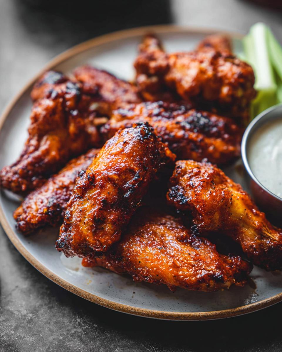 A plate of perfectly cooked chicken wings with a glossy sauce, served with celery sticks and dipping sauce.