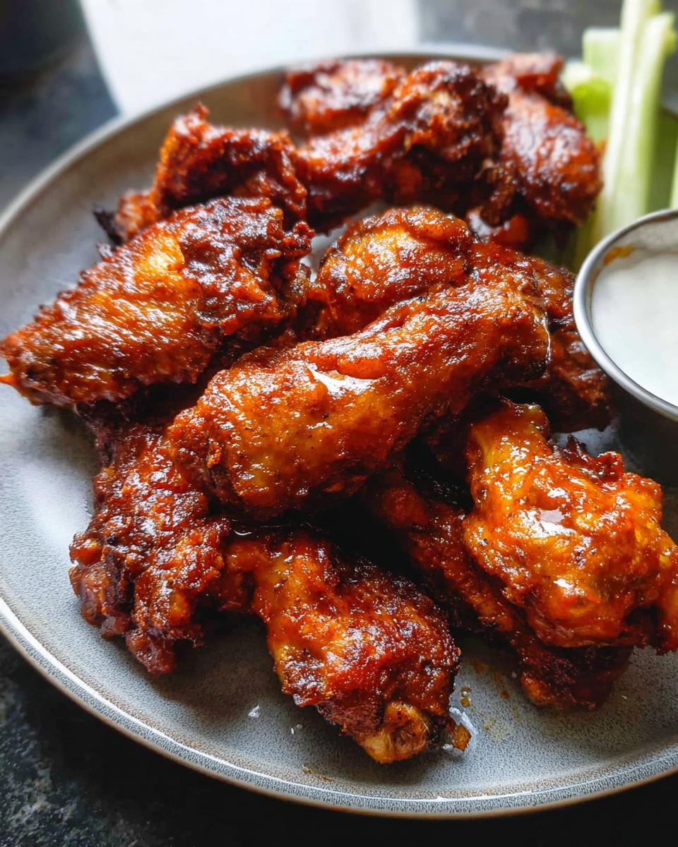 A plate of glossy, saucy chicken wings with celery sticks and a small dish of dipping sauce.