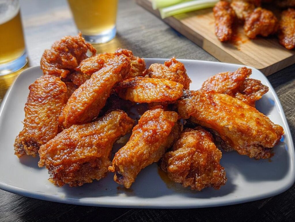A plate full of crispy, saucy chicken wings, perfect for satisfying chicken wing cravings.