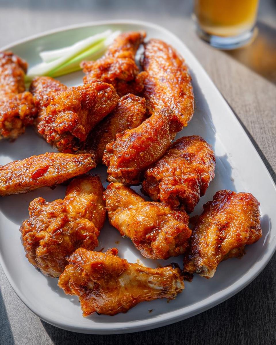 A plate of crispy, glazed chicken wings served with celery sticks, perfect for chicken wings recipes.