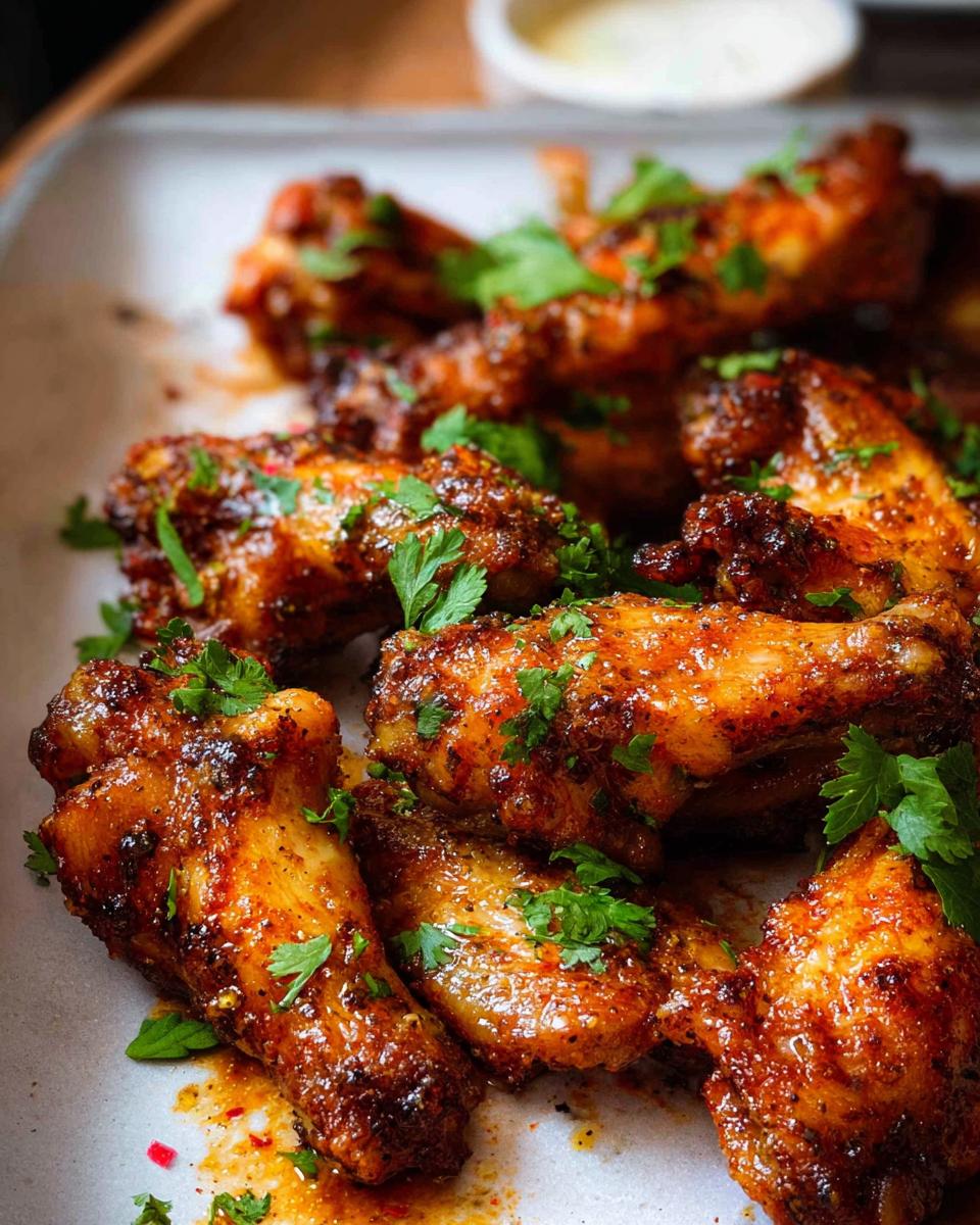 Close-up of crispy, glazed chicken wings recipes, garnished with fresh parsley.