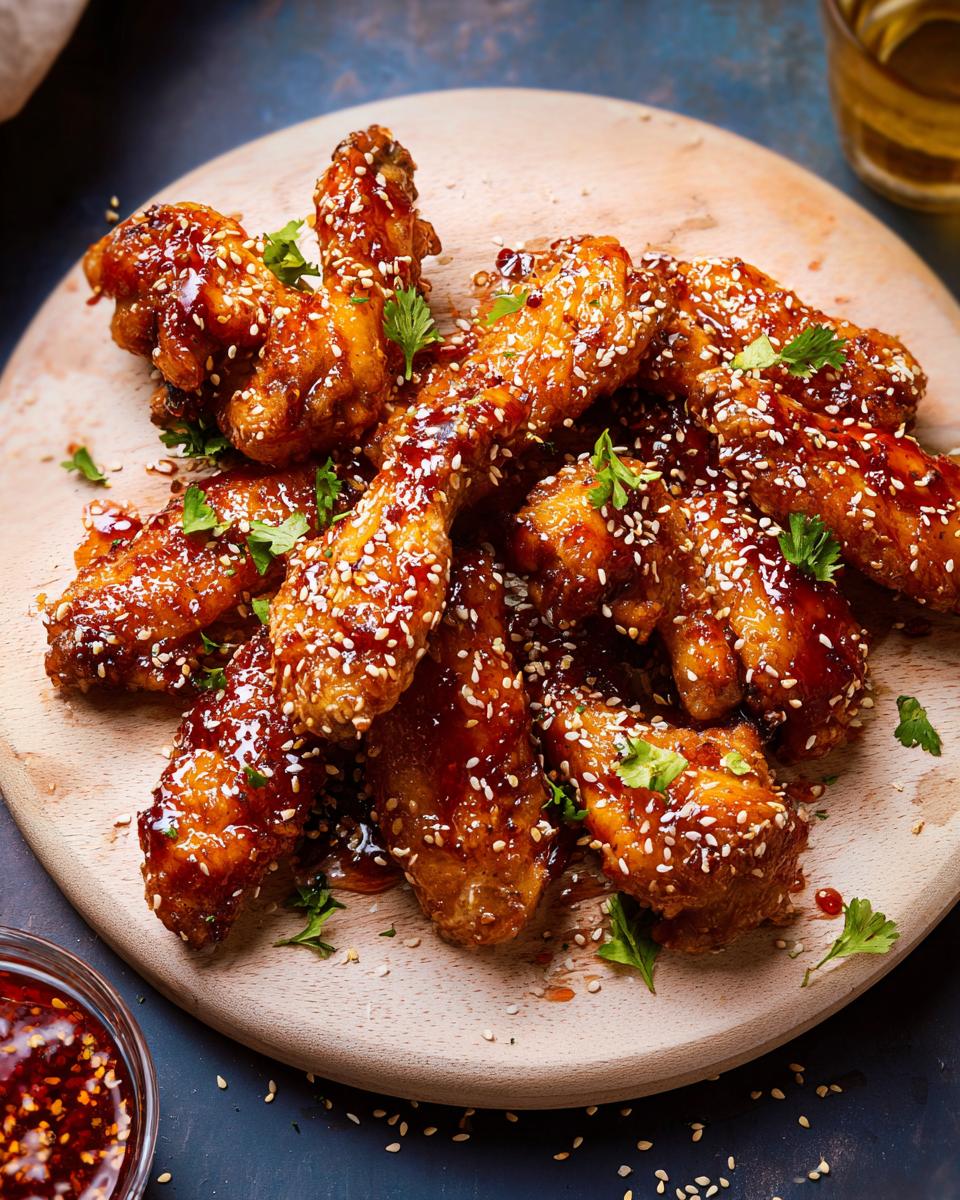 A platter of glossy, glazed chicken wings covered in sesame seeds and parsley, perfect for chicken wings recipes meal prep.
