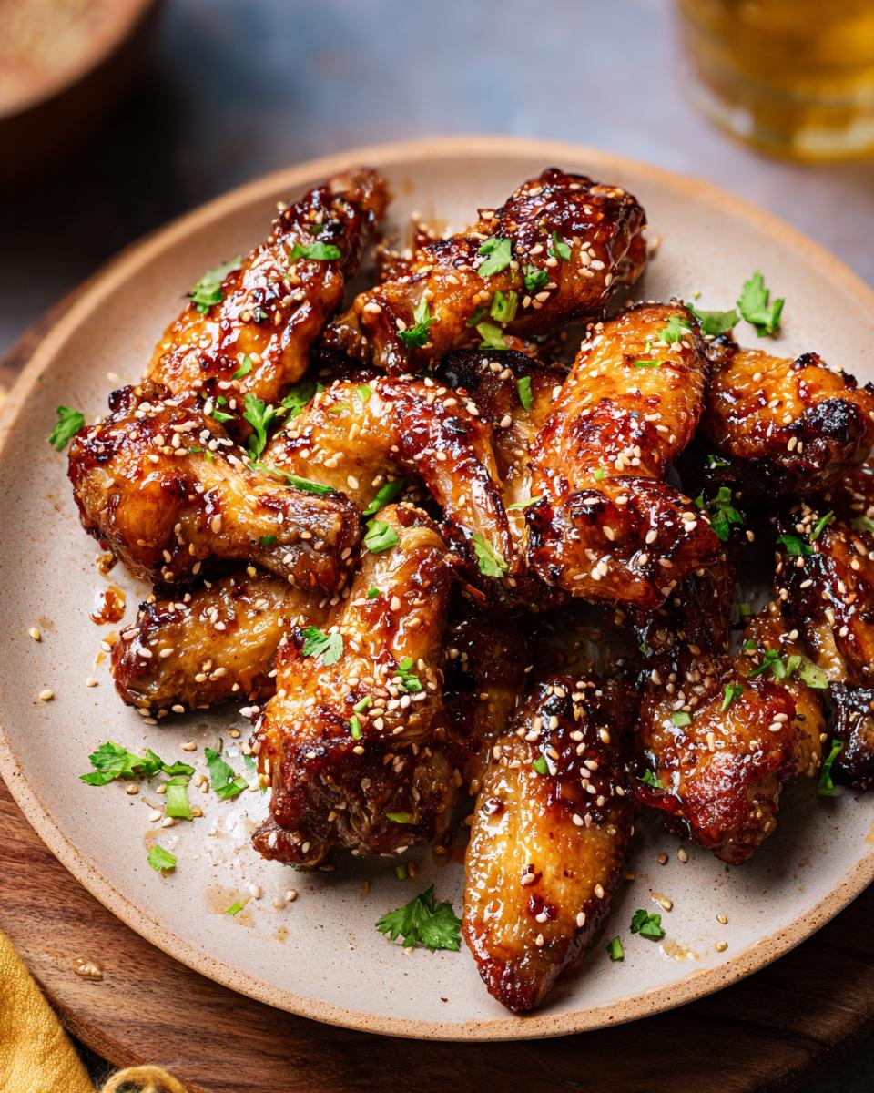 A plate of delicious, glossy chicken wings glazed with sauce and sprinkled with sesame seeds and parsley, perfect for chicken wings recipes meal prep.