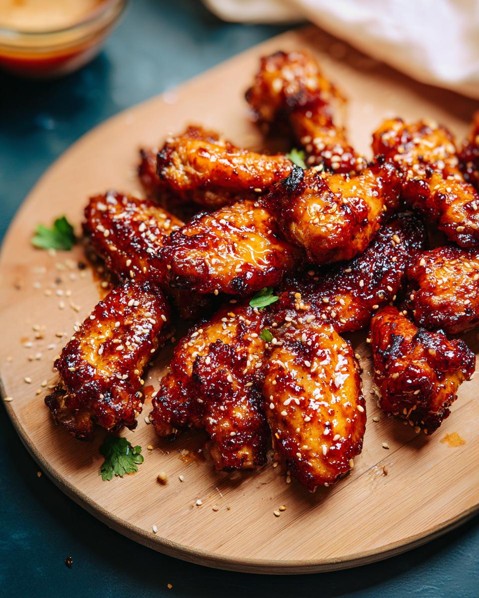 A close-up of glazed chicken wings, sprinkled with sesame seeds and garnished with parsley, perfect for chicken wings recipes meal prep.
