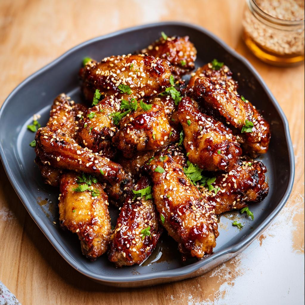A plate of glossy, glazed chicken wings topped with sesame seeds and parsley, perfect for chicken wings recipes meal prep.