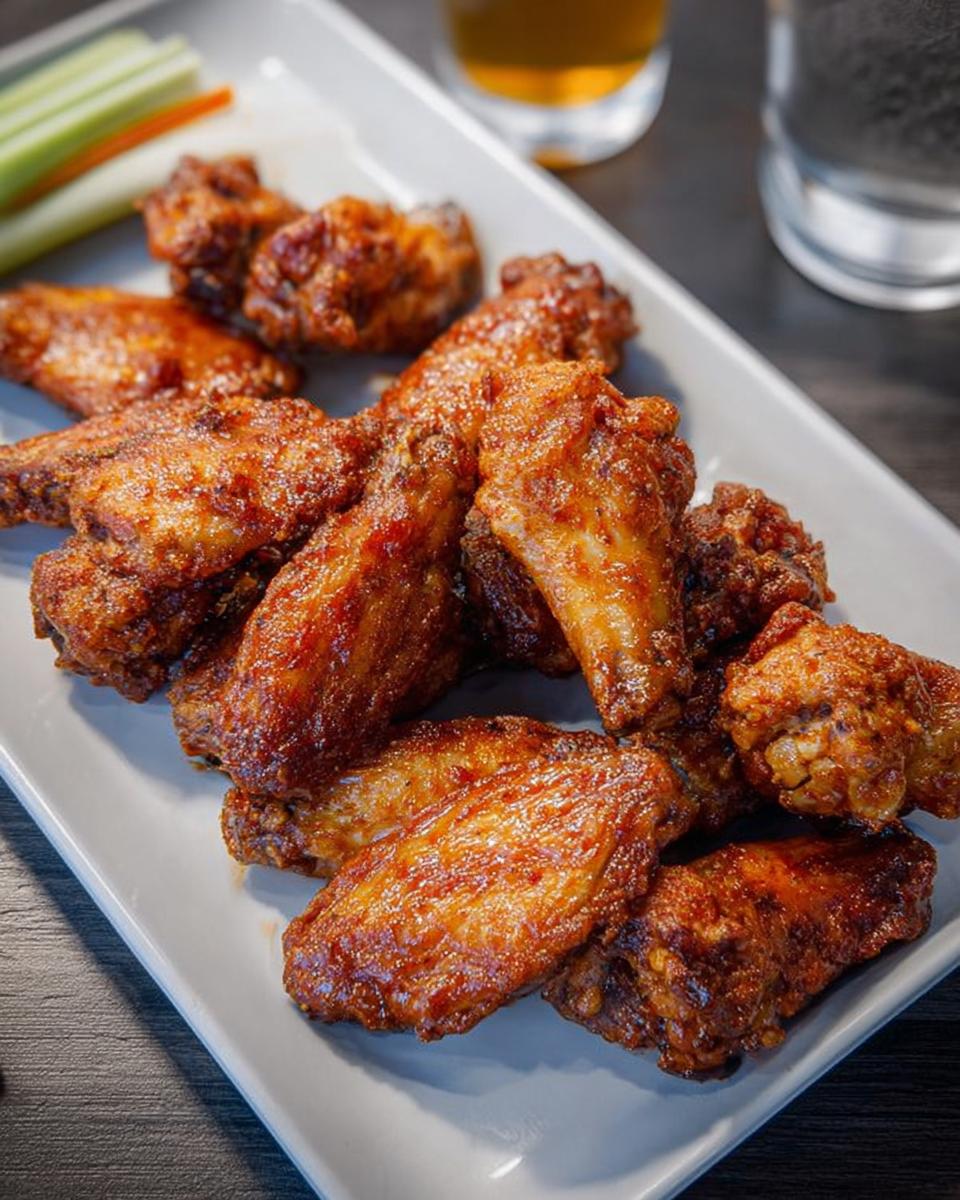 A platter of crispy, glazed chicken wings served with celery and carrot sticks, perfect for chicken wings recipes.