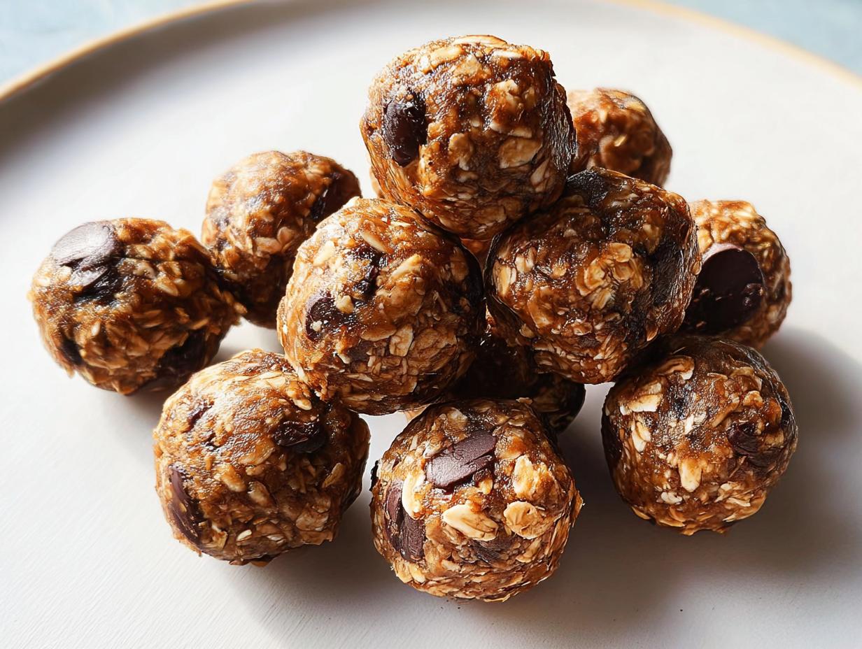 A pile of chocolate chip energy bites, a delicious breakfast idea recipe, made with oats and chocolate chips.