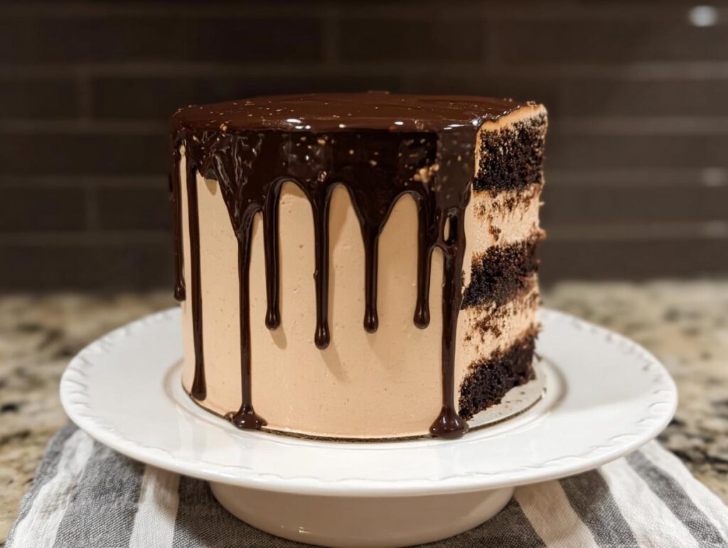 A tall, multi-layered chocolate cake with light brown frosting and rich chocolate ganache dripping down the sides.