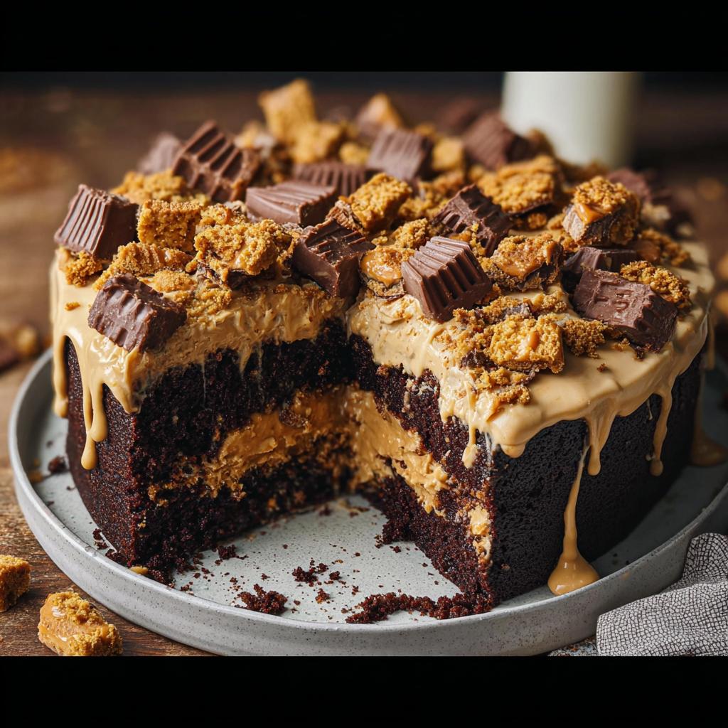 A rich chocolate cake with peanut butter frosting, topped with Reese's cups and cookie crumbles. One of our best cake ideas recipes.