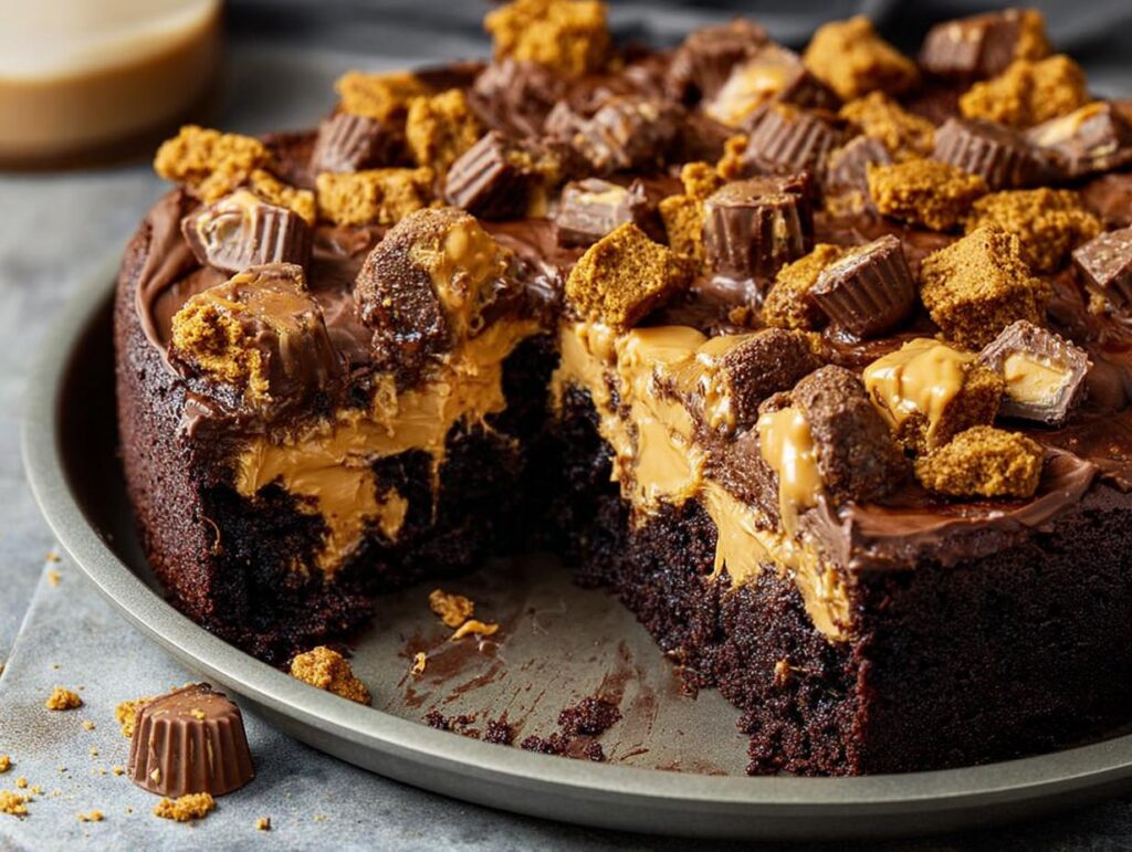 A decadent chocolate cake with a thick peanut butter filling, topped with chocolate ganache and peanut butter cups.