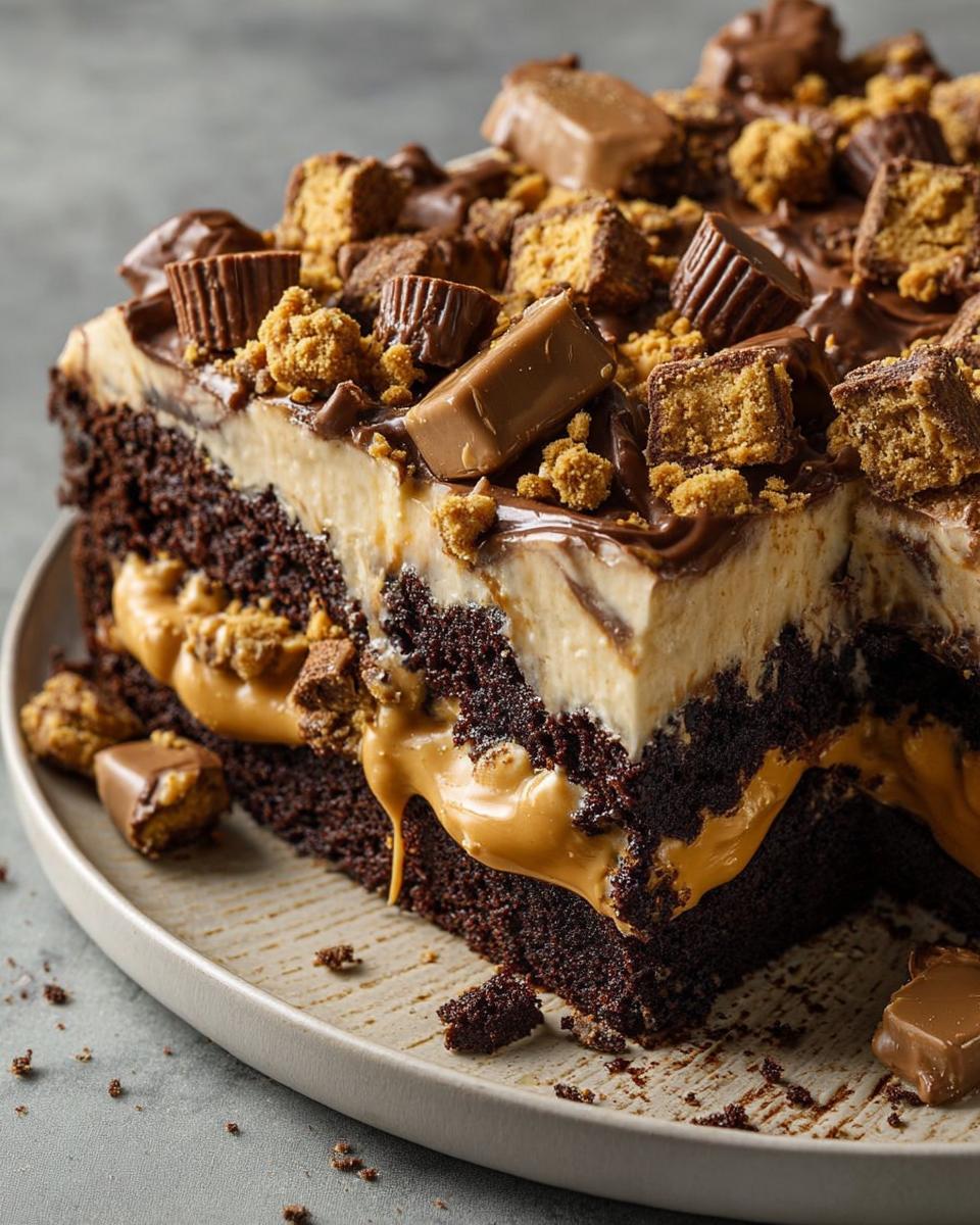 A slice of rich chocolate cake with peanut butter filling and chocolate peanut butter cup toppings, perfect for cake ideas recipes.
