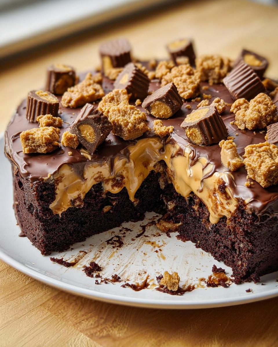 A decadent chocolate cake with peanut butter filling, topped with chocolate ganache and peanut butter cups. Cake Ideas Recipes.