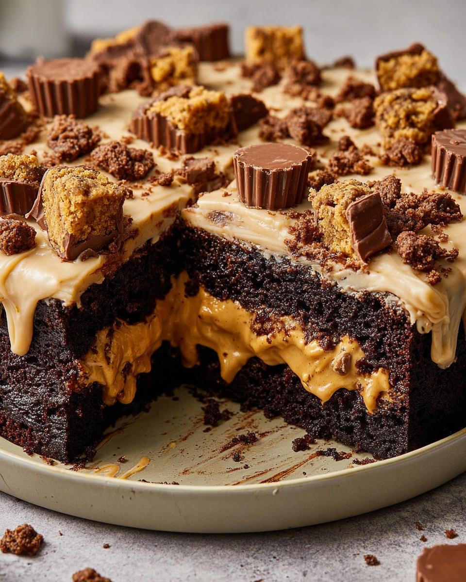 A decadent chocolate cake with a creamy peanut butter filling, topped with peanut butter cups and crumbs. A perfect cake idea for quick recipes.