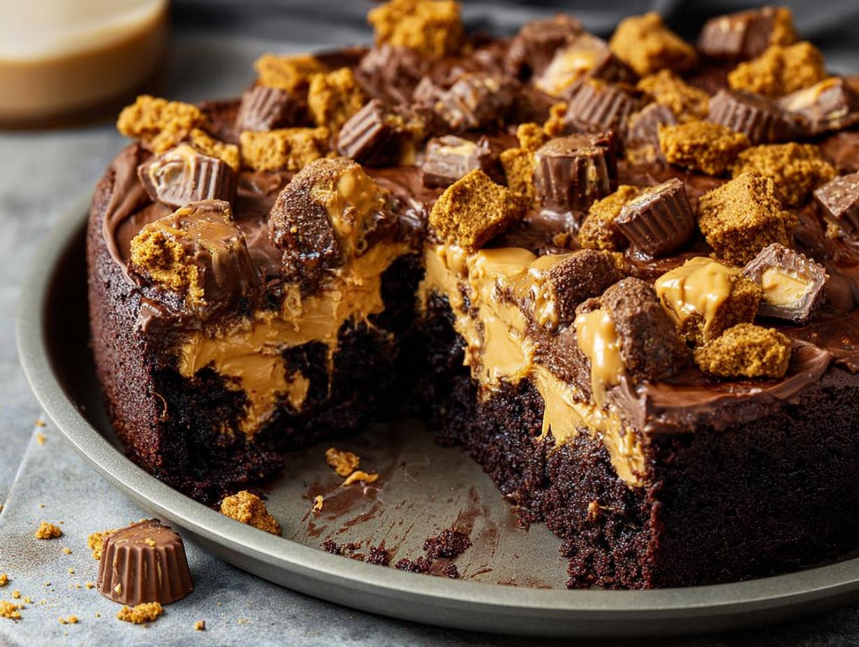 A decadent chocolate cake with a thick peanut butter filling, topped with chocolate ganache and peanut butter cups.