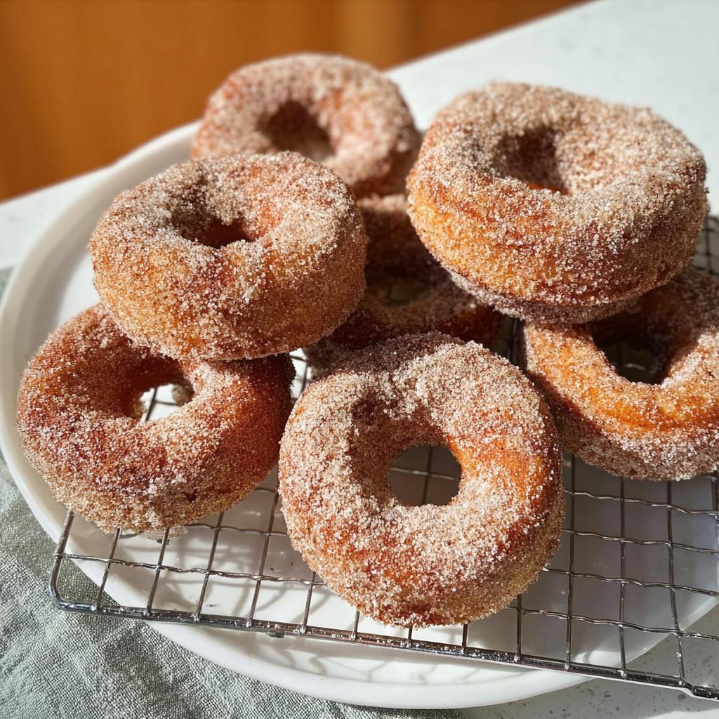 A stack of freshly made cinnamon sugar donuts, a perfect addition to breakfast ideas recipes.