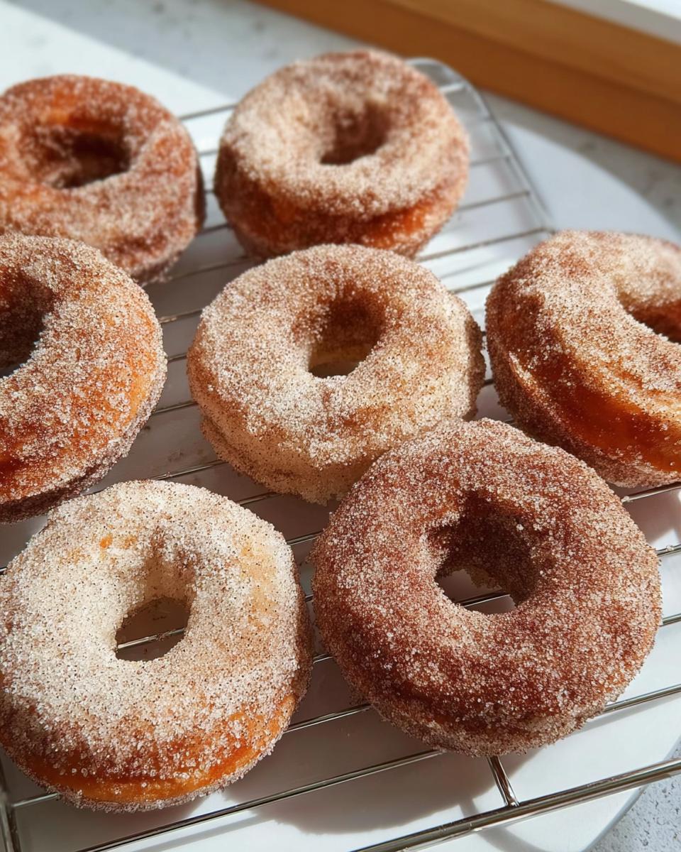 A rack of freshly made cinnamon sugar donuts, perfect for breakfast ideas recipes.