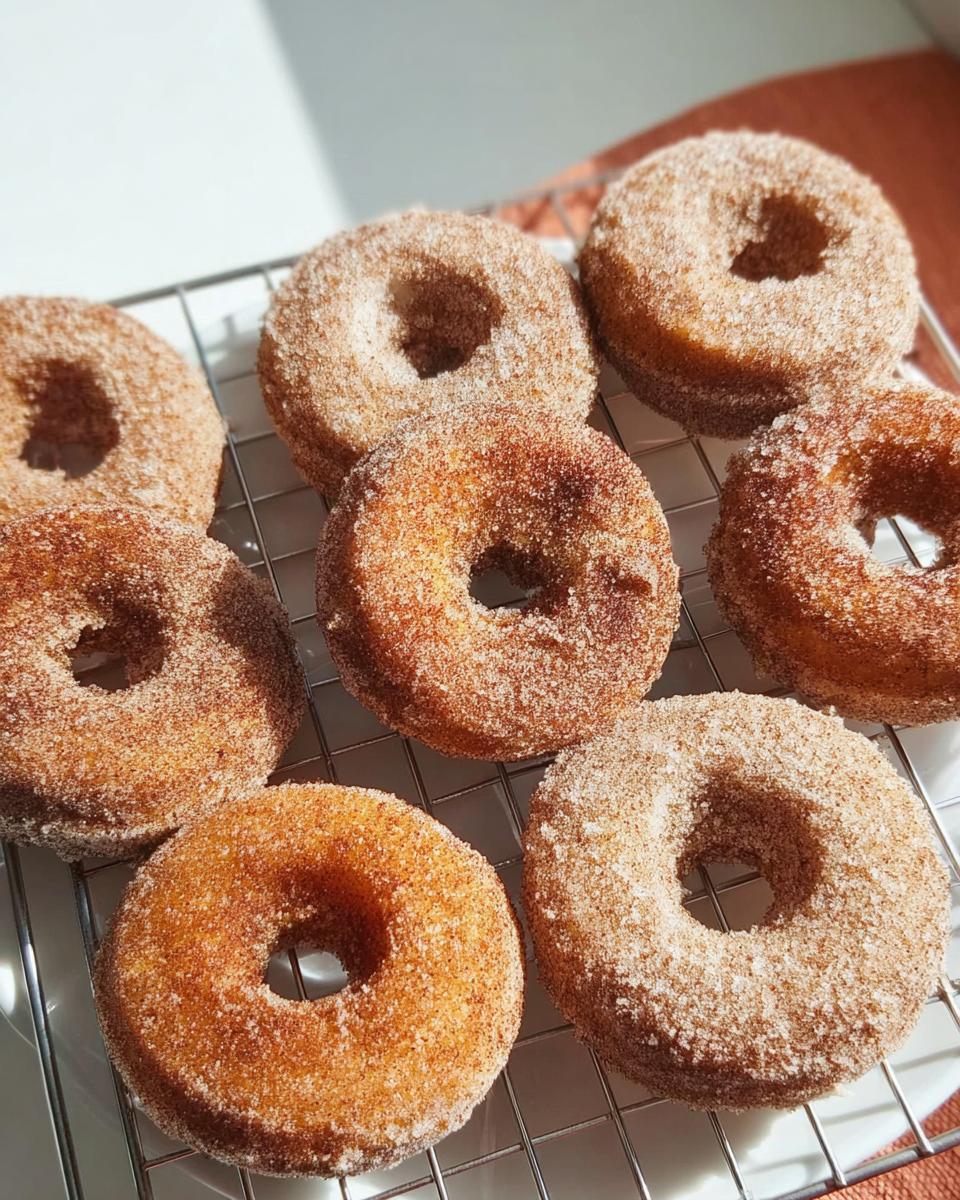 A cooling rack filled with freshly made cinnamon sugar donuts, a perfect breakfast idea.