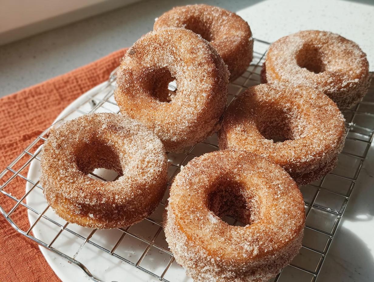 Six freshly baked cinnamon sugar donuts on a cooling rack, perfect for breakfast ideas recipes.