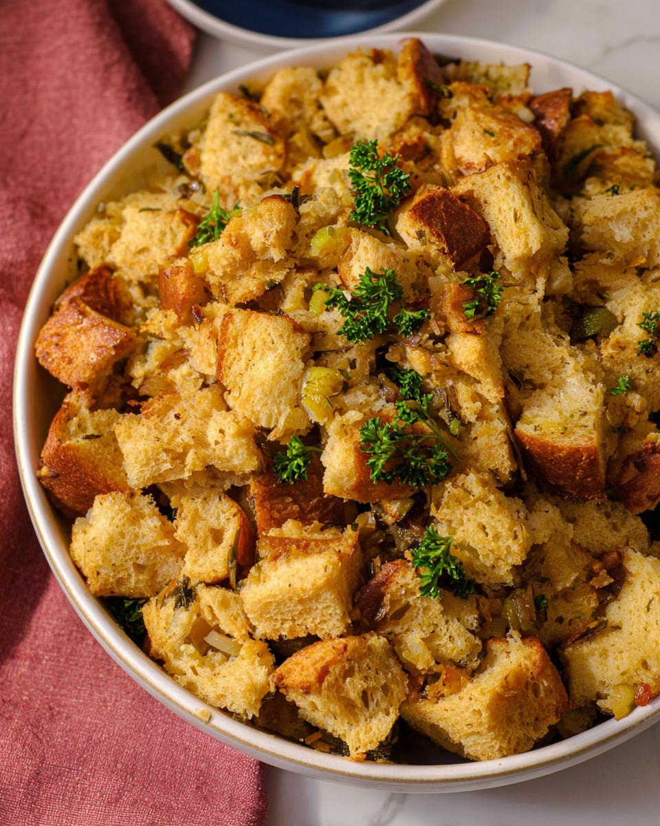 A close-up overhead view of a bowl filled with classic bread stuffing, garnished with fresh parsley.