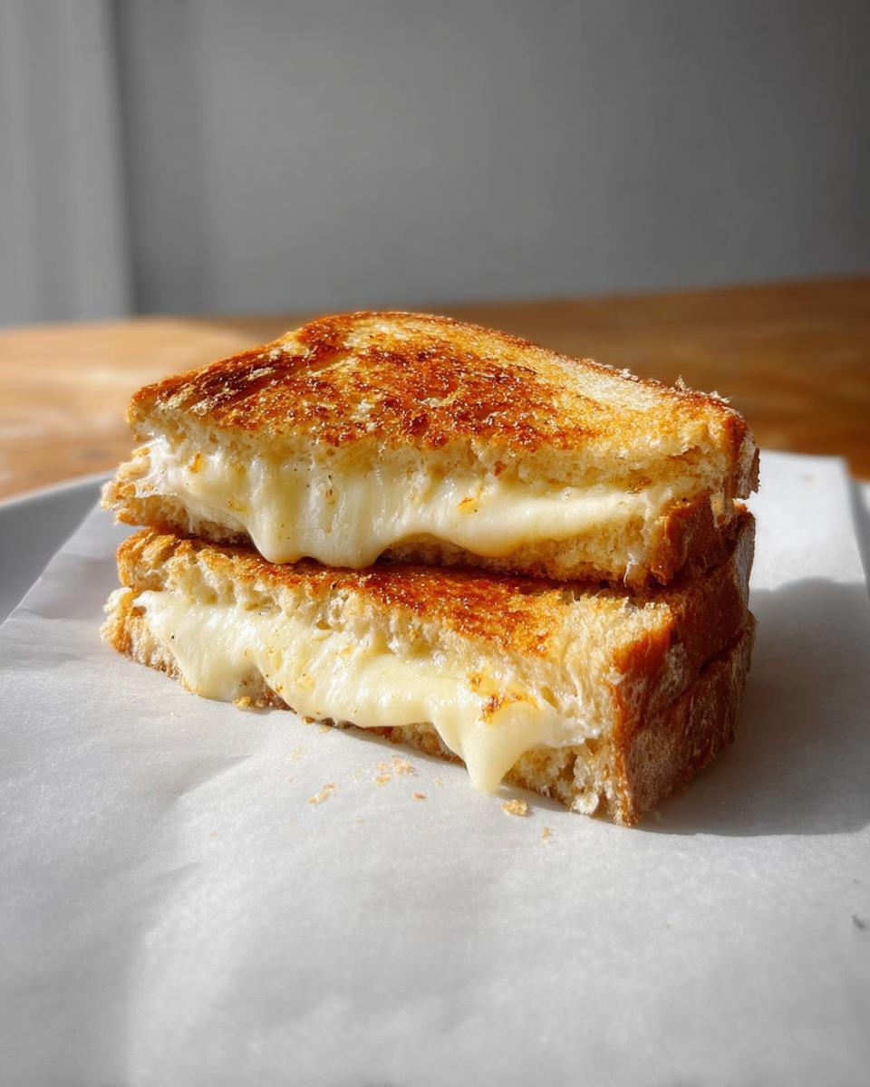 A perfectly golden-brown grilled cheese sandwich, cut in half, with gooey melted cheese oozing out.