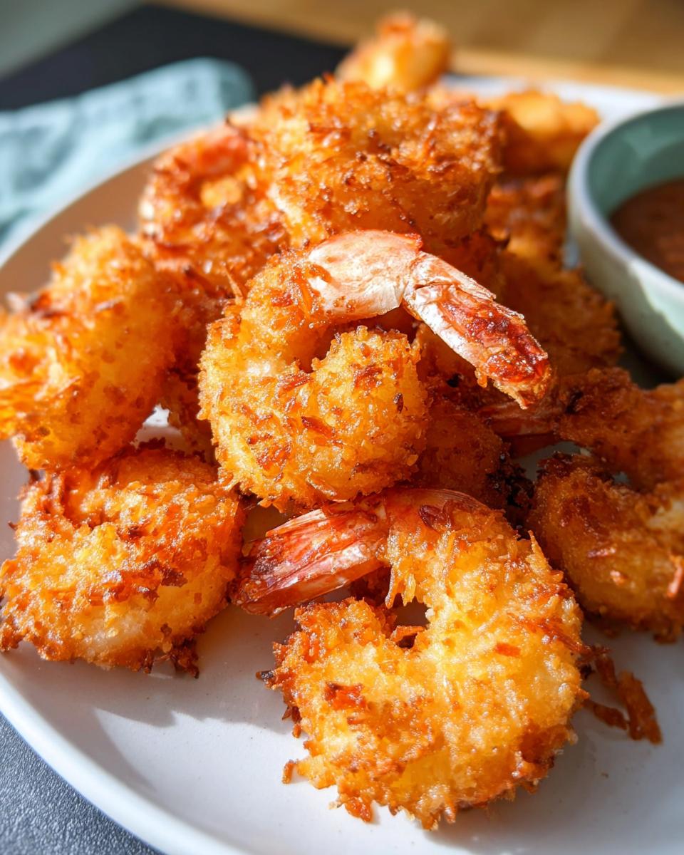 A close-up of golden-brown crispy coconut shrimp, a delicious shrimp recipe idea for busy weeknights.