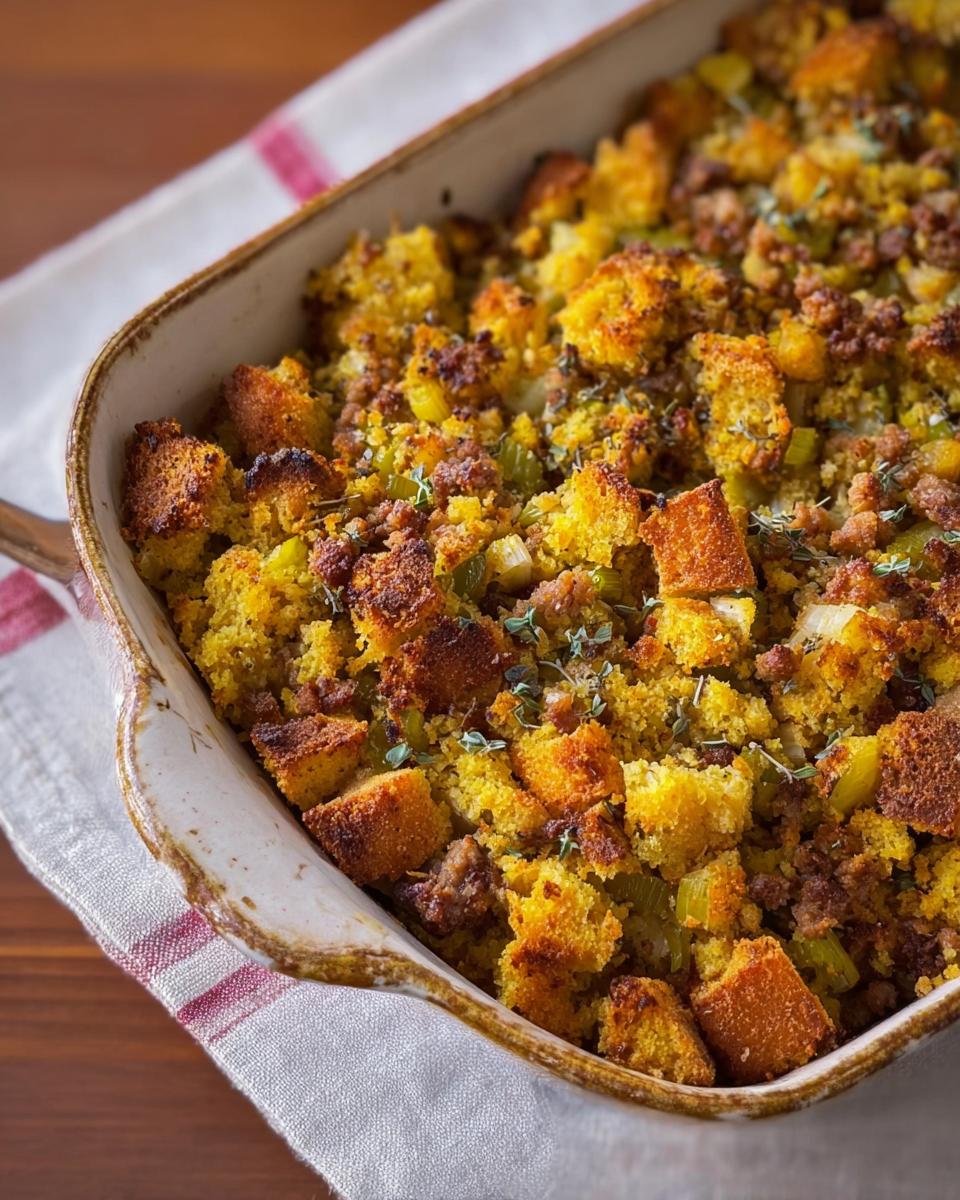 A close-up of a casserole dish filled with cornbread stuffing, featuring chunks of cornbread, sausage, celery, and herbs.