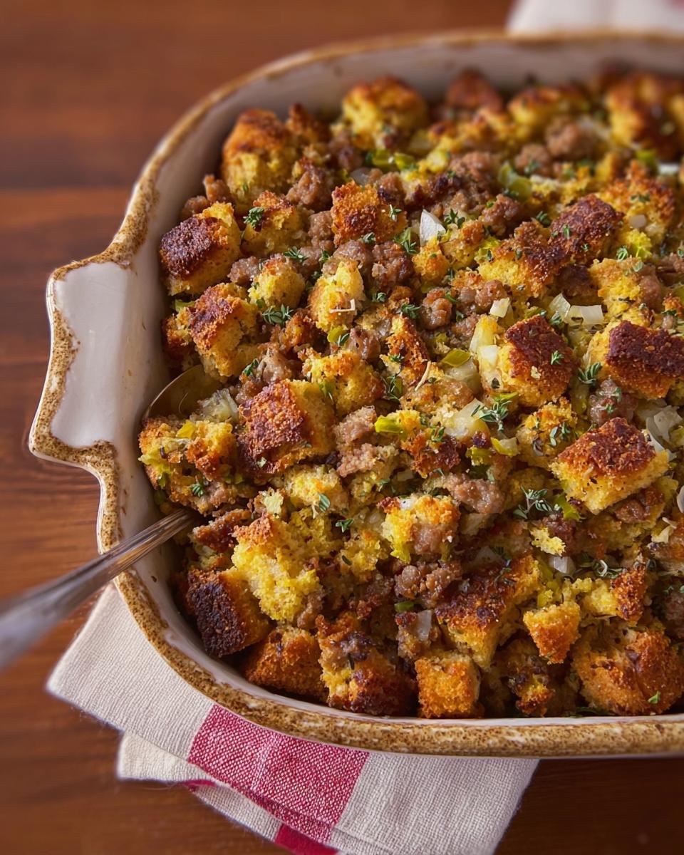 A close-up of cornbread stuffing with sausage and herbs in a baking dish, perfect for busy weeknights.