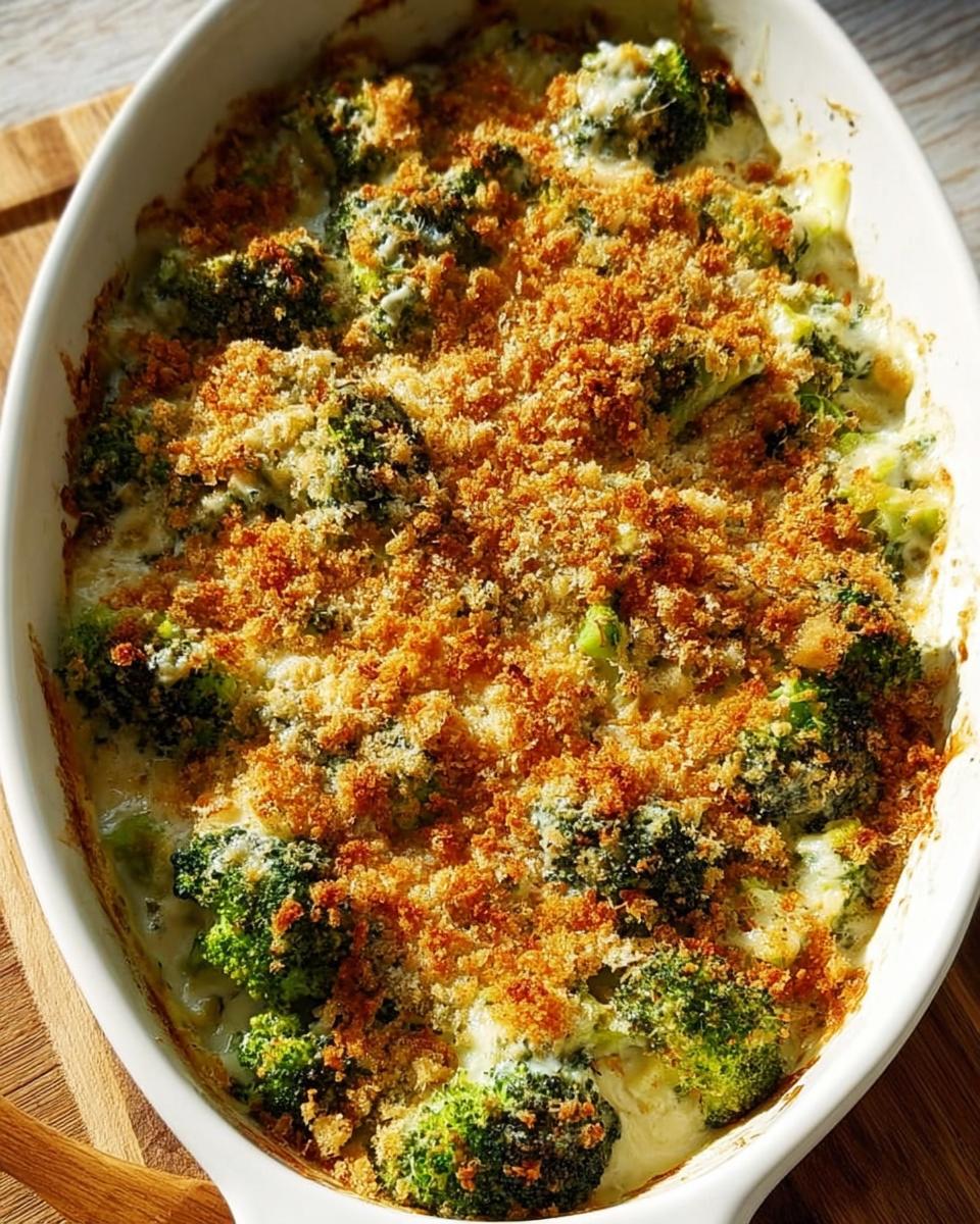 Close-up of a creamy broccoli casserole with a golden breadcrumb topping, perfect for veggie sides recipes.