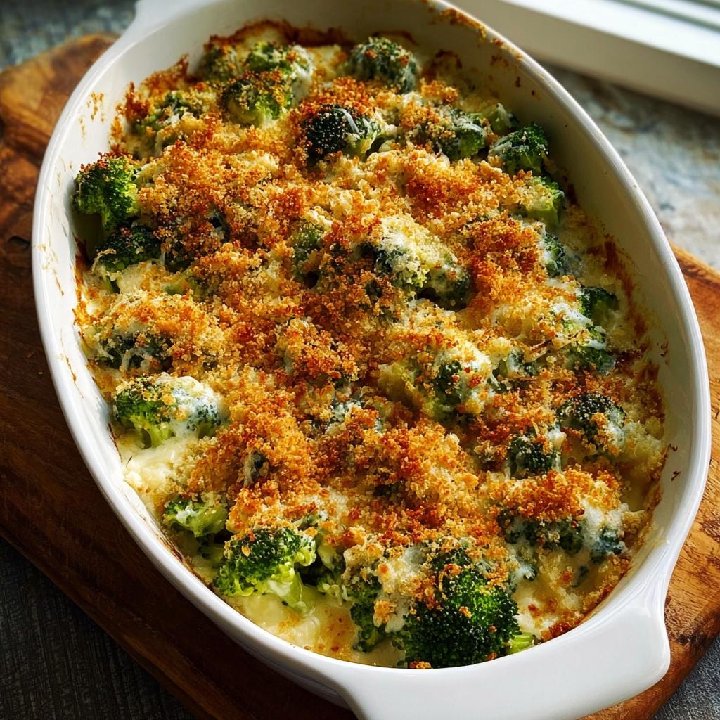 A golden-brown baked creamy broccoli casserole with a crispy breadcrumb topping, perfect for veggie sides.