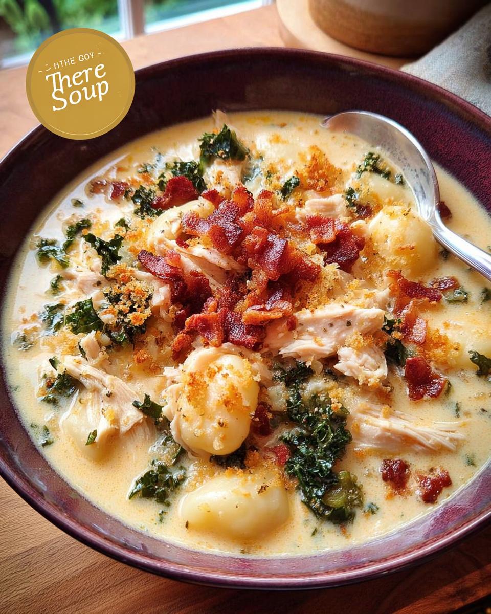 A hearty bowl of creamy chicken gnocchi soup topped with crispy bacon, kale, and breadcrumbs. One of the best soup recipes.