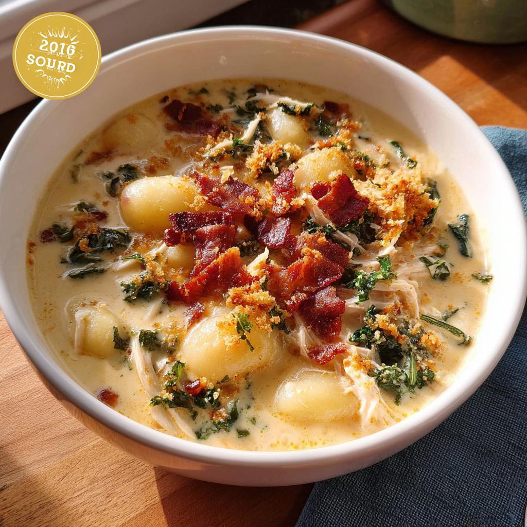 A bowl of creamy chicken gnocchi soup with kale, bacon, and breadcrumbs. A delicious soup recipe.