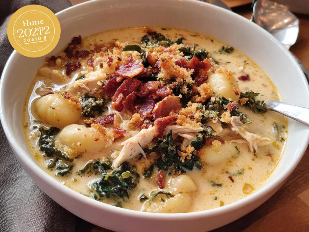 A bowl of creamy chicken gnocchi soup with kale, bacon, and breadcrumbs. A delicious soup recipe.