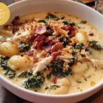 A bowl of creamy chicken gnocchi soup with kale, bacon, and breadcrumbs. A delicious soup recipe.