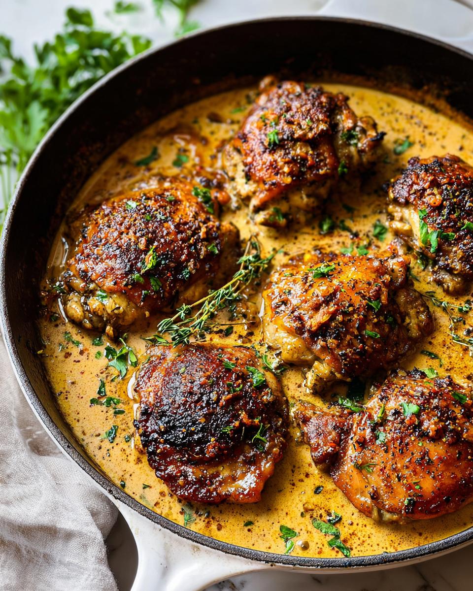 Close-up of golden-brown chicken thighs in a creamy sauce, garnished with parsley and thyme.