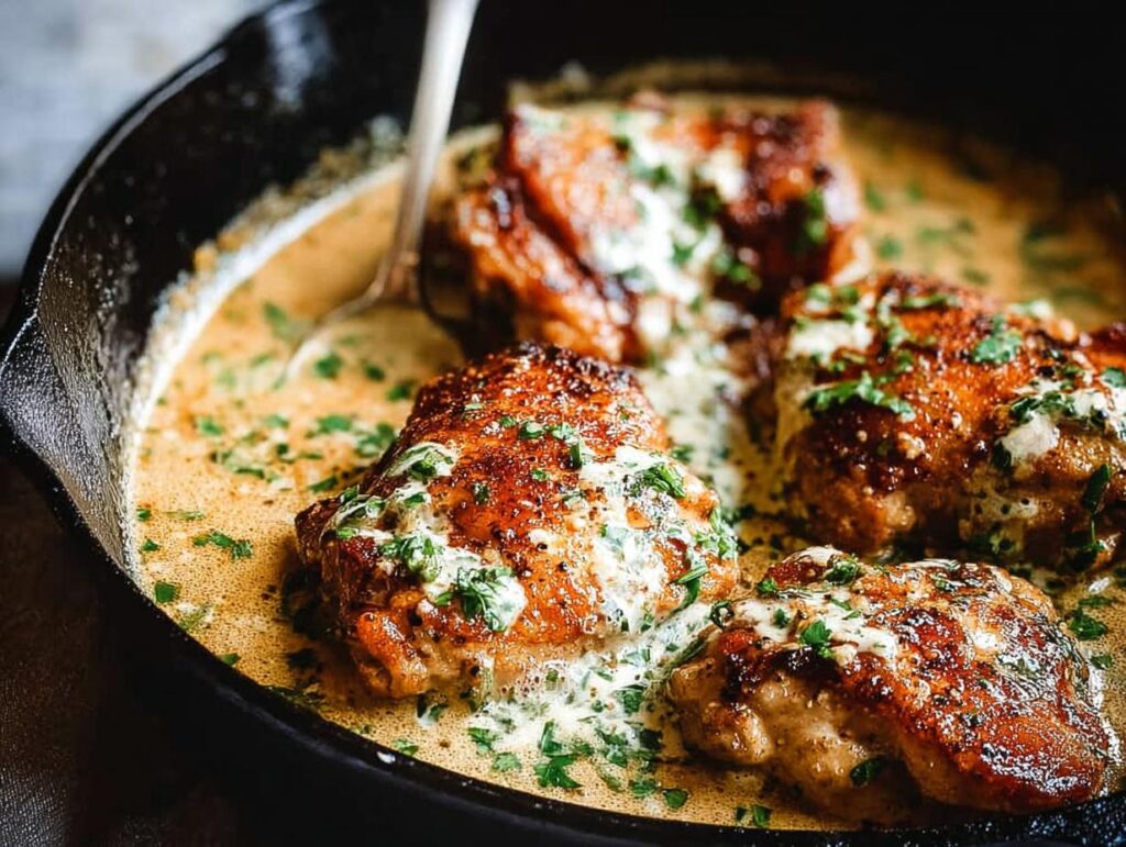 Close-up of juicy, pan-seared chicken thighs in a creamy sauce, garnished with parsley, in a cast iron skillet.