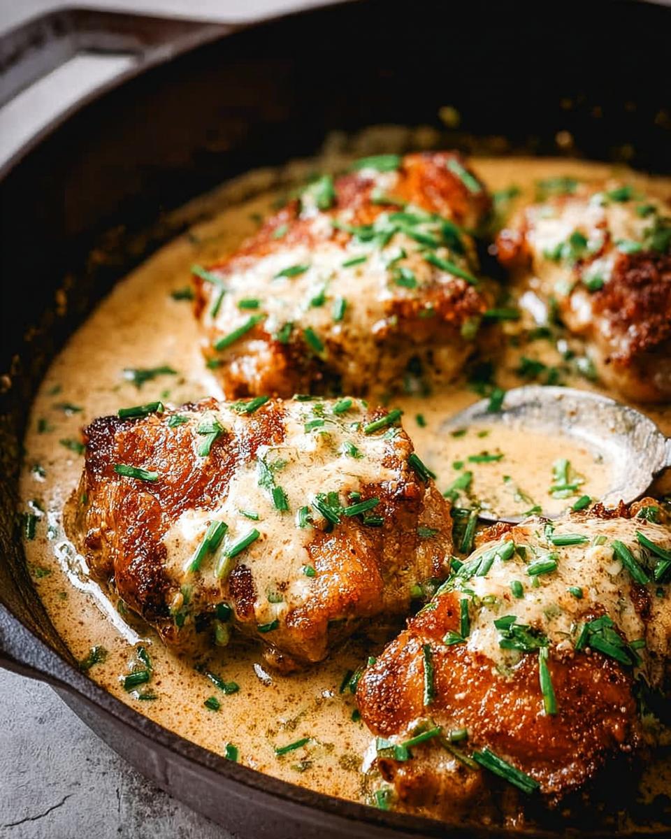 Close-up of pan-seared chicken thighs in a creamy sauce, garnished with chives. Part of The Ultimate Chicken Thigh Recipes Guide for Beginners.