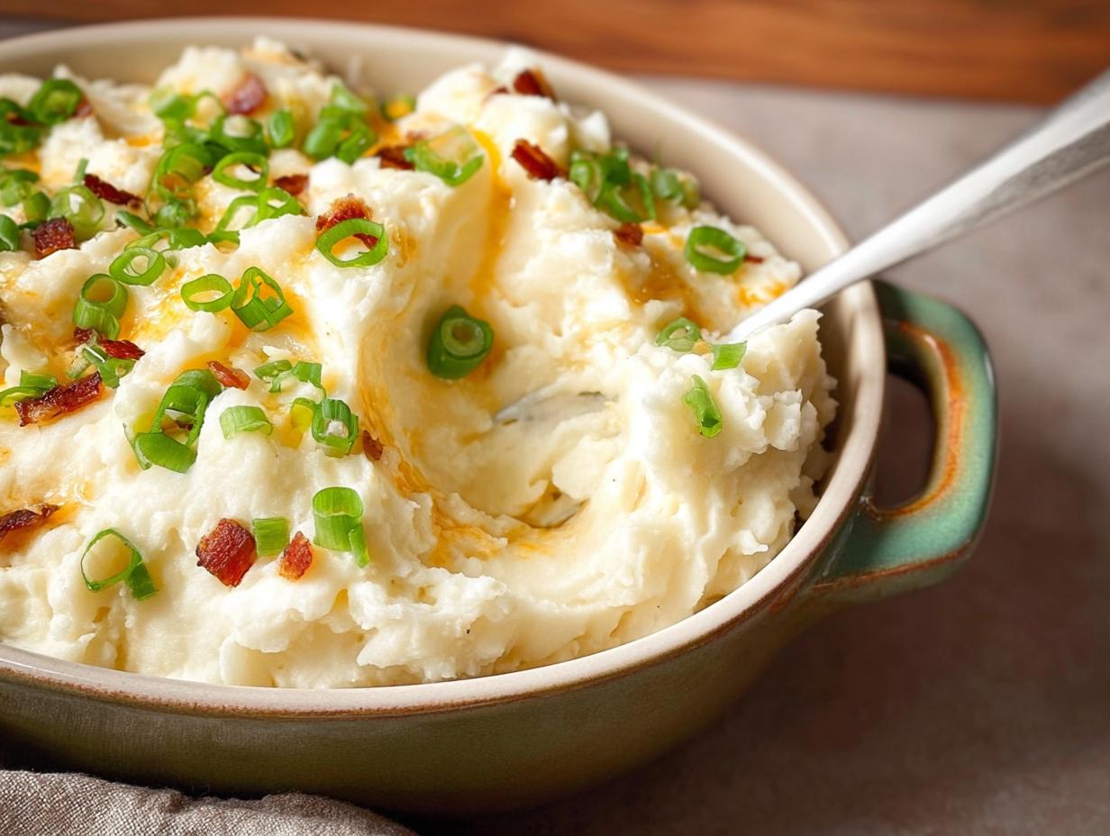 A close-up of creamy mashed potatoes recipe topped with bacon bits and fresh green onions.