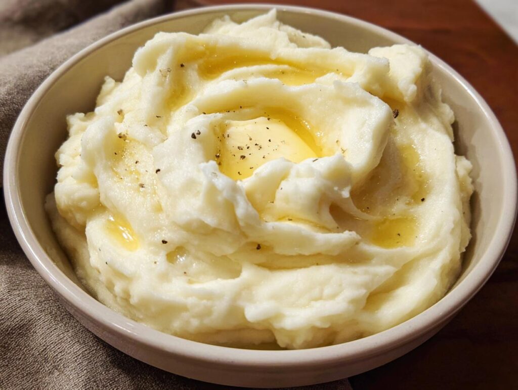 Close-up of fluffy mashed potatoes recipe topped with melted butter and cracked black pepper in a bowl.