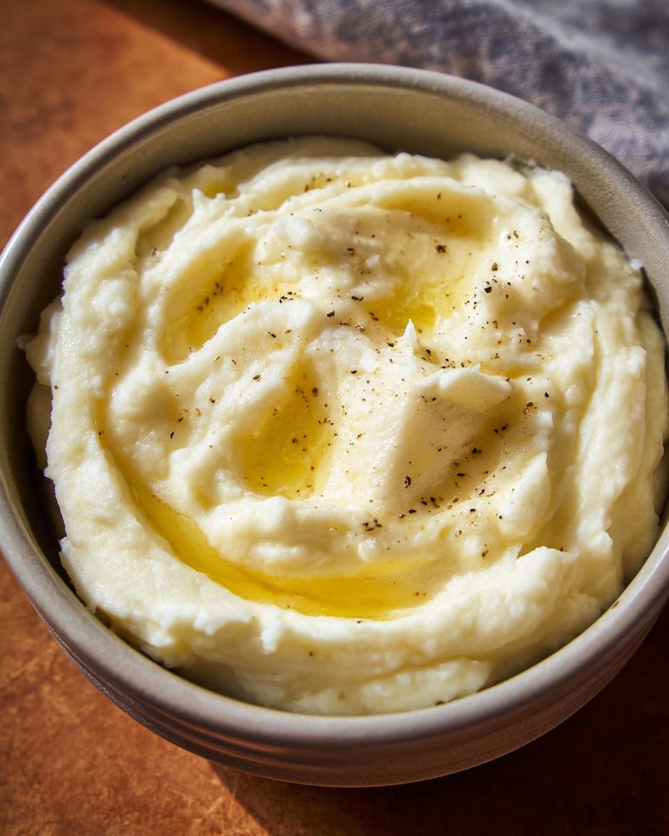 A close-up of a bowl of creamy mashed potatoes, topped with melted butter and cracked black pepper.