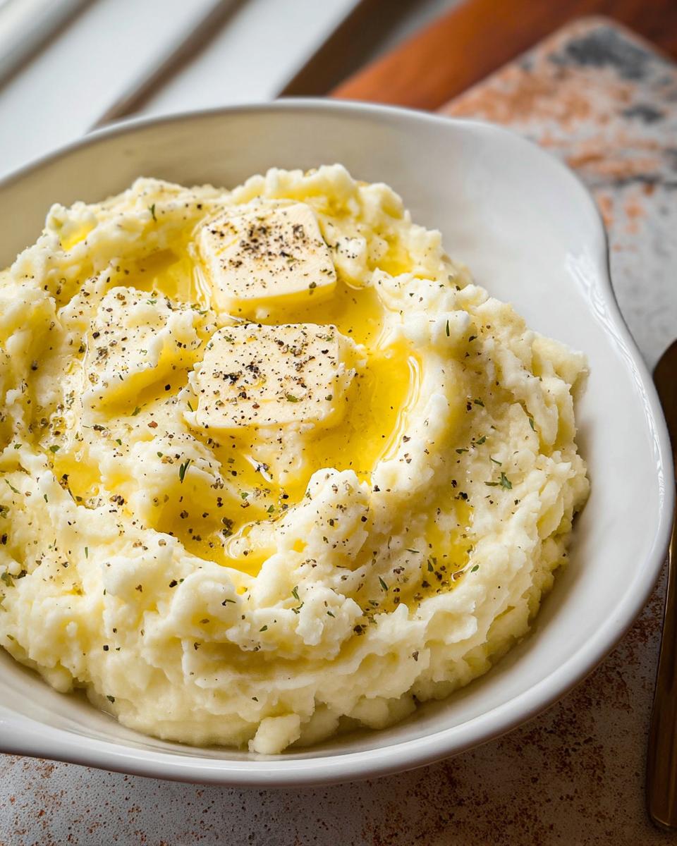 Close-up of creamy mashed potatoes recipe topped with melting butter, black pepper, and herbs.