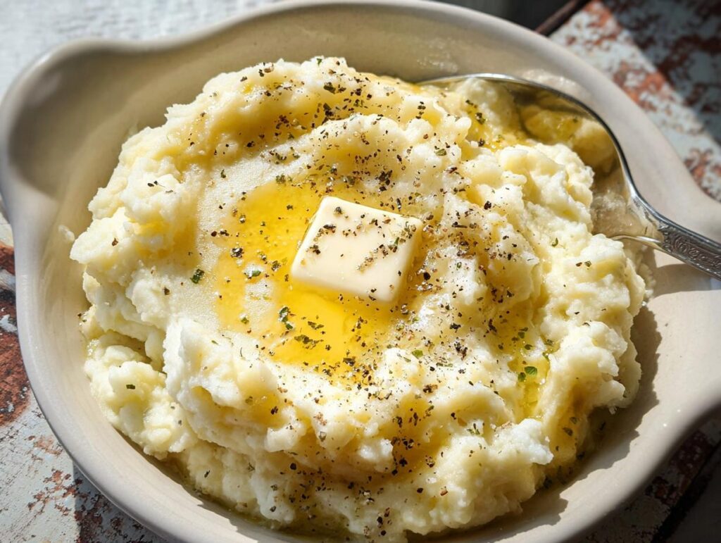 Close-up of creamy mashed potatoes topped with a pat of butter, melted butter, and herbs. A spoon rests in the bowl.