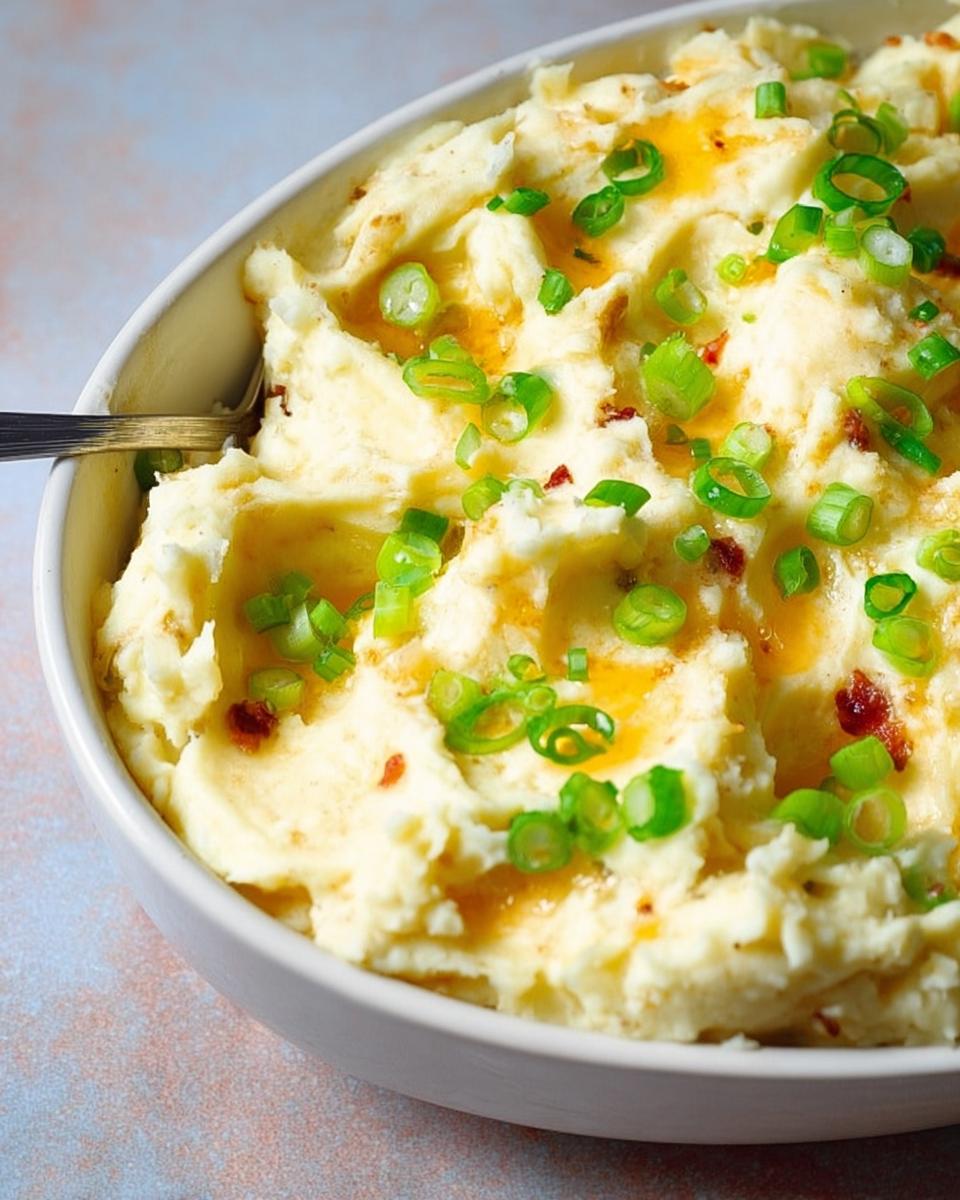 Close-up of a bowl of fluffy mashed potatoes recipe, topped with melted butter and chopped green onions.