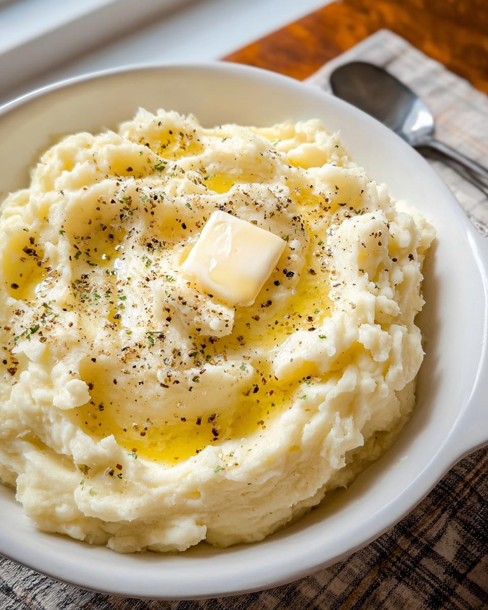 Close-up of creamy mashed potatoes topped with melted butter, black pepper, and herbs. A perfect recipe for mashed potatoes cravings.